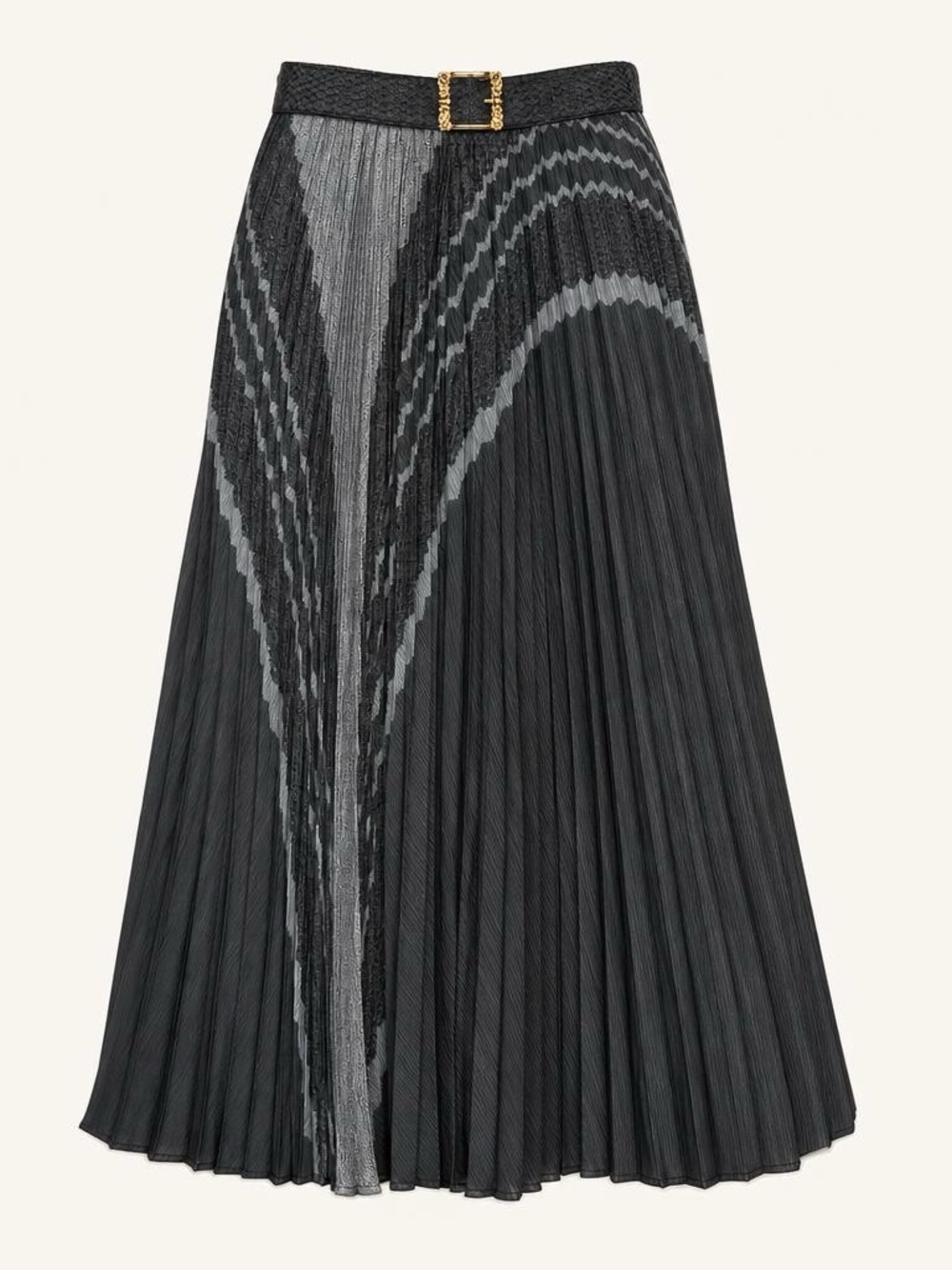 Vintage Abstract Black Gray Pleated Maxi Skirt With Belt